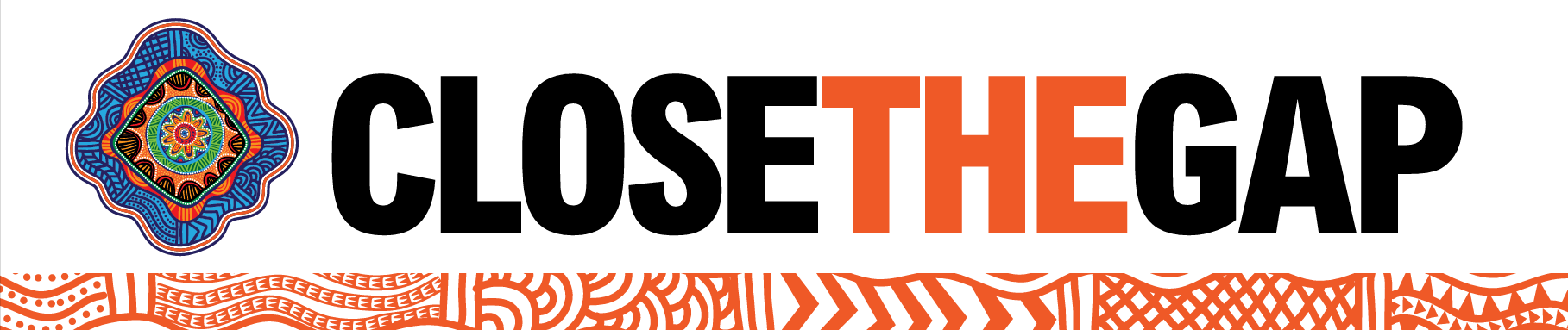 Closing the Gap logo with bold black and orange text, alongside Aboriginal-style patterned artwork in blue, orange and red. The diamond shaped patterned pathway represents the journey  from different country, cultures, customs and nations throughout  Australia traveling as one. Lines represent tracks, the arch shapes represent the challenges   faced on the journey. The dots represent the people, they come  together for change, for equality and self determination.